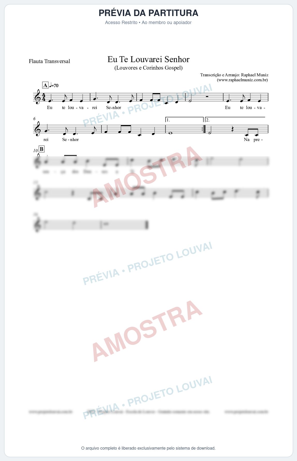 Prévia protegida da primeira página da partitura Partitura para Flauta Transversal - Eu Te Louvarei Senhor - Louvores e Corinhos Gospel