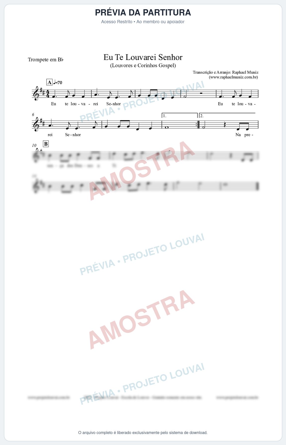 Prévia protegida da primeira página da partitura Partitura para Trompete em Bb - Eu Te Louvarei Senhor - Louvores e Corinhos Gospel