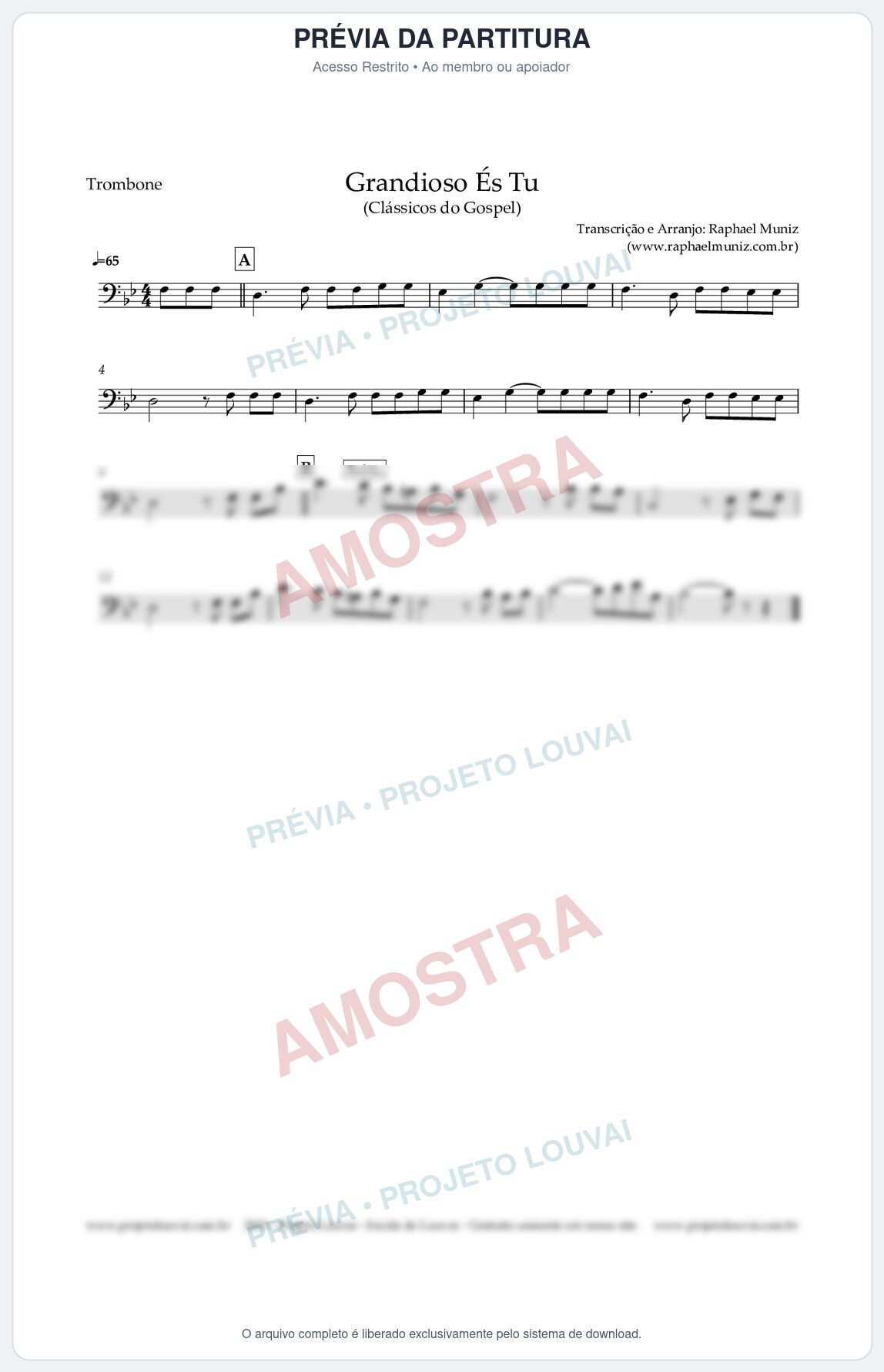 Prévia protegida da primeira página da partitura Partitura para Trombone - Grandioso És Tu - Harpa Cristã nº 526  - Clássicos do Gospel