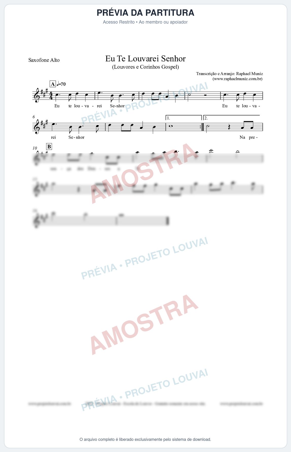Prévia protegida da primeira página da partitura Partitura para Saxofone Alto - Eu Te Louvarei Senhor - Louvores e Corinhos Gospel