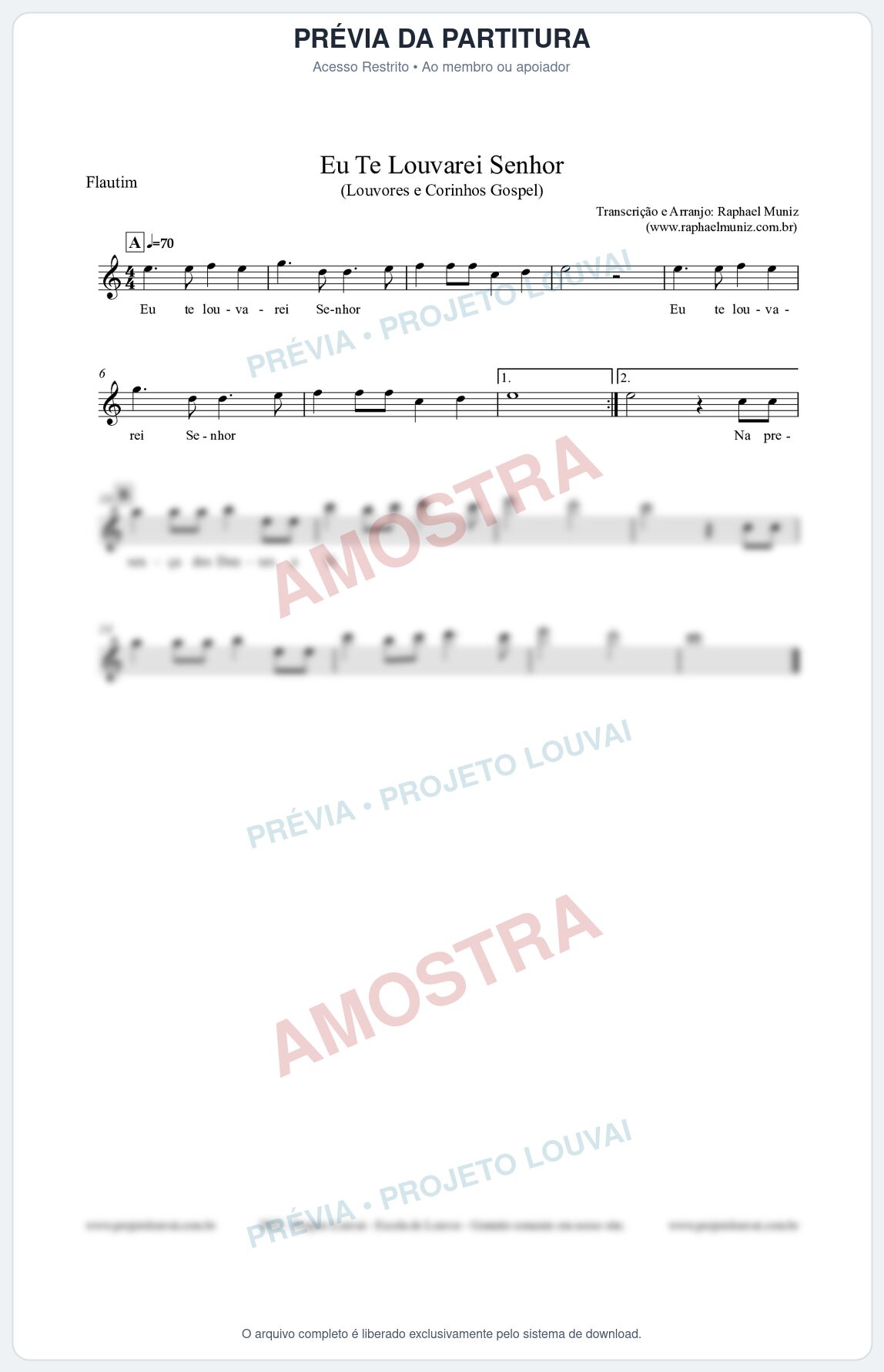 Prévia protegida da primeira página da partitura Partitura para Flautim - Eu Te Louvarei Senhor - Louvores e Corinhos Gospel