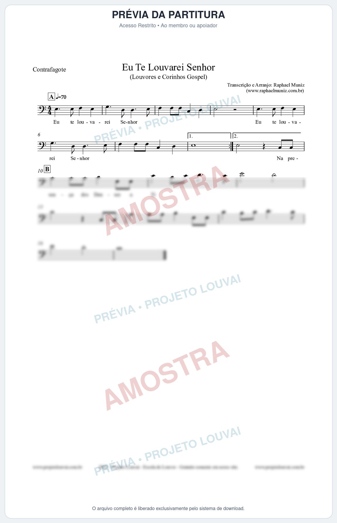 Prévia protegida da primeira página da partitura Partitura para Contrafagote - Eu Te Louvarei Senhor - Louvores e Corinhos Gospel