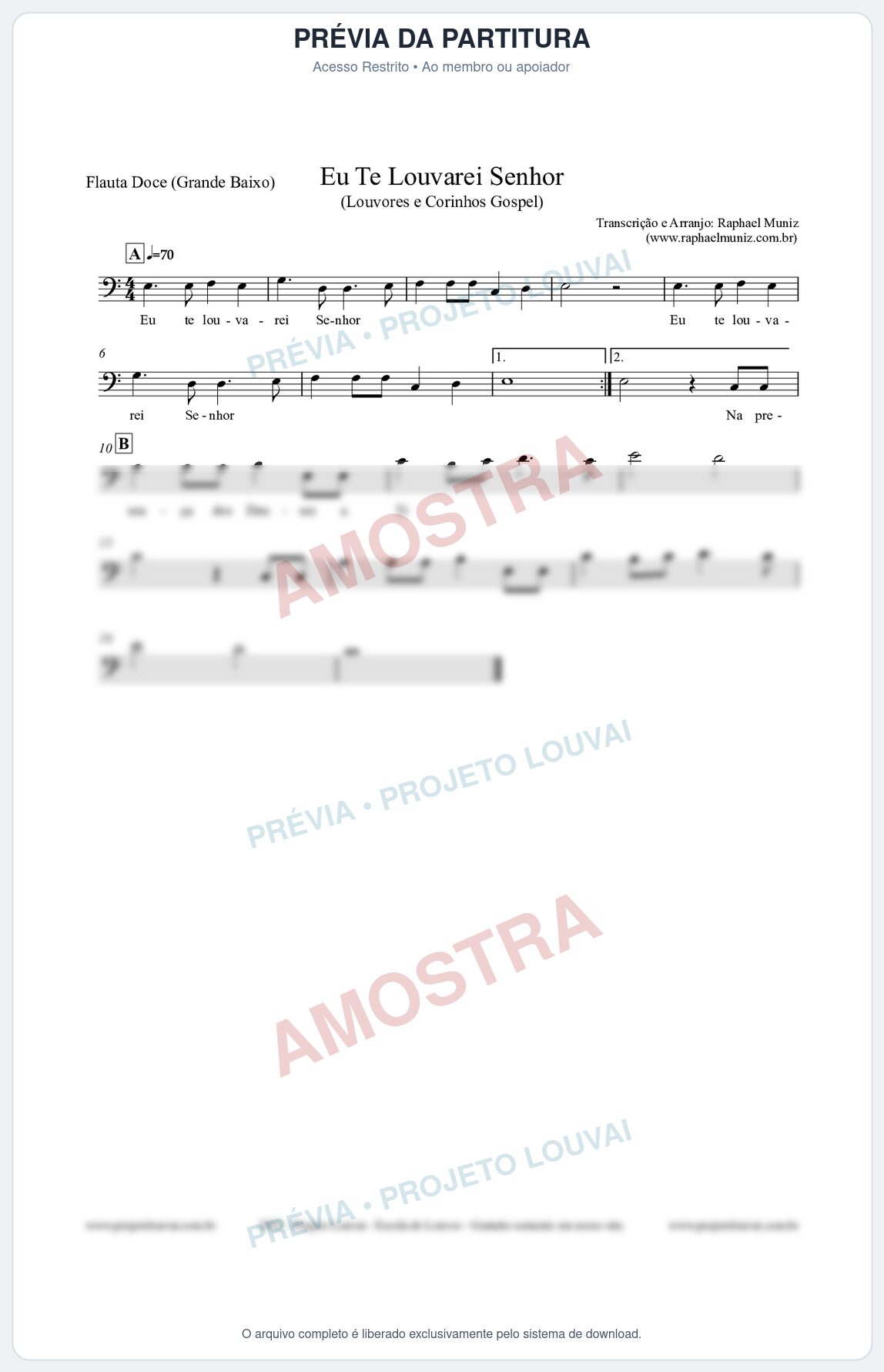 Prévia protegida da primeira página da partitura Partitura para Flauta Doce (Grande Baixo) - Eu Te Louvarei Senhor - Louvores e Corinhos Gospel