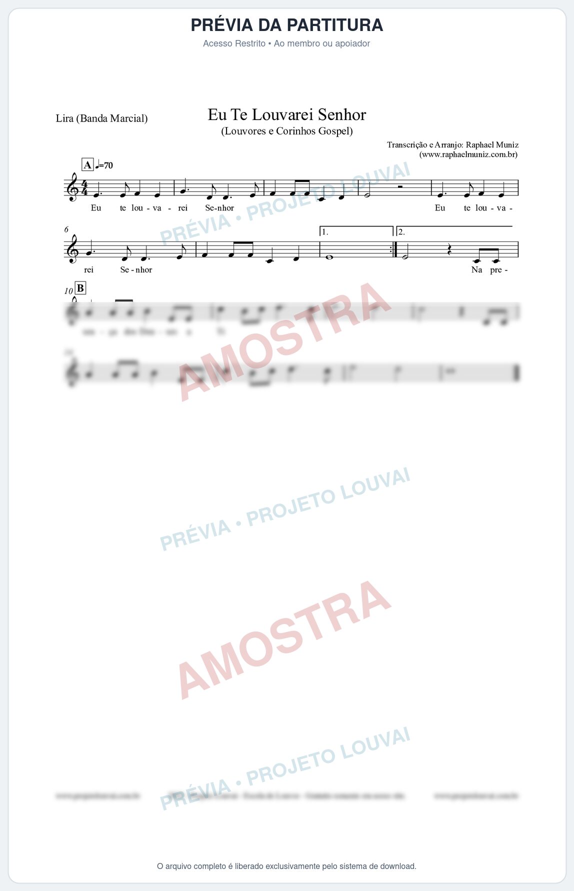 Prévia protegida da primeira página da partitura Partitura para Lira (Banda Marcial) - Eu Te Louvarei Senhor - Louvores e Corinhos Gospel