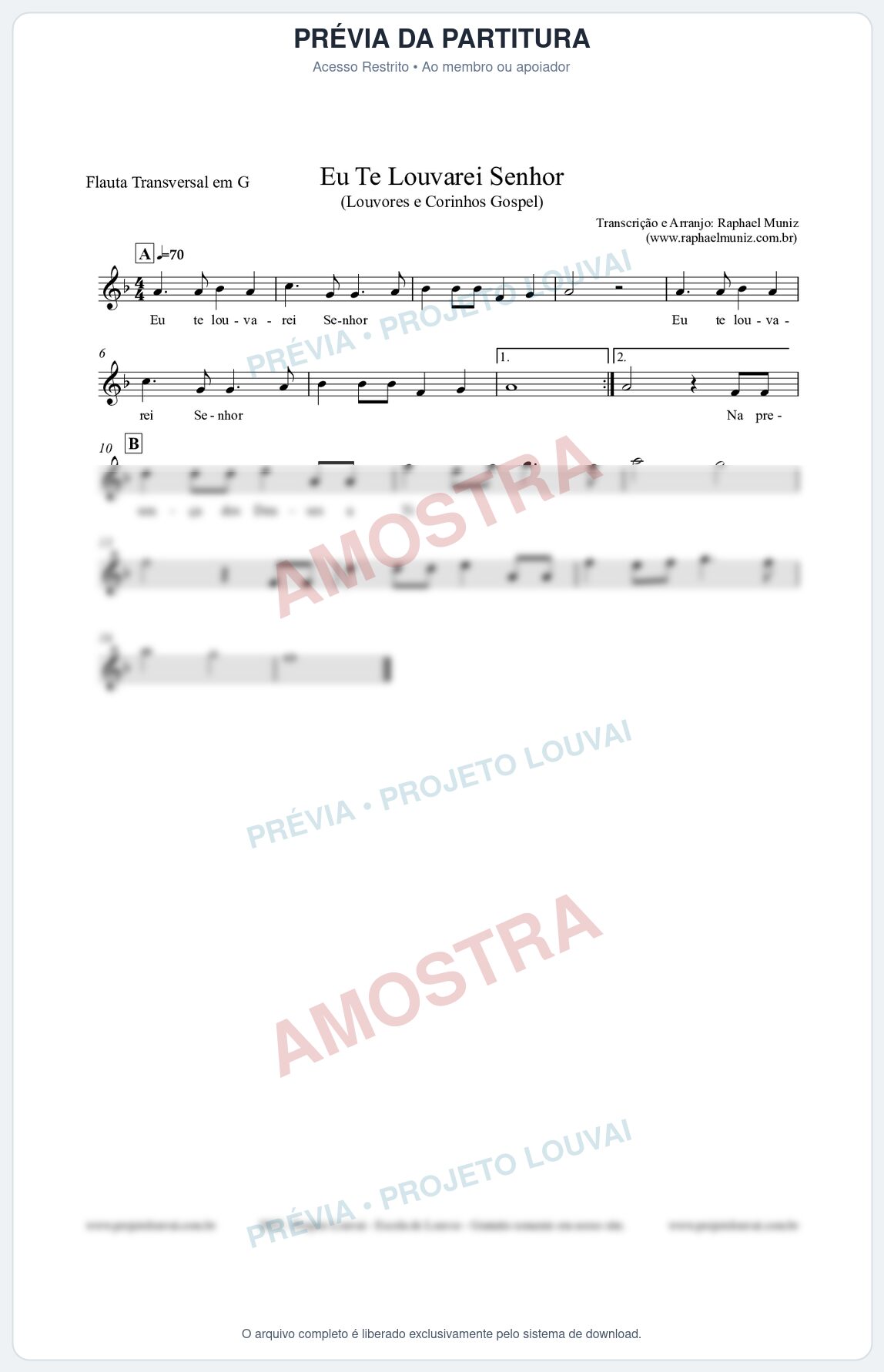 Prévia protegida da primeira página da partitura Partitura para Flauta Transversal em G - Eu Te Louvarei Senhor - Louvores e Corinhos Gospel