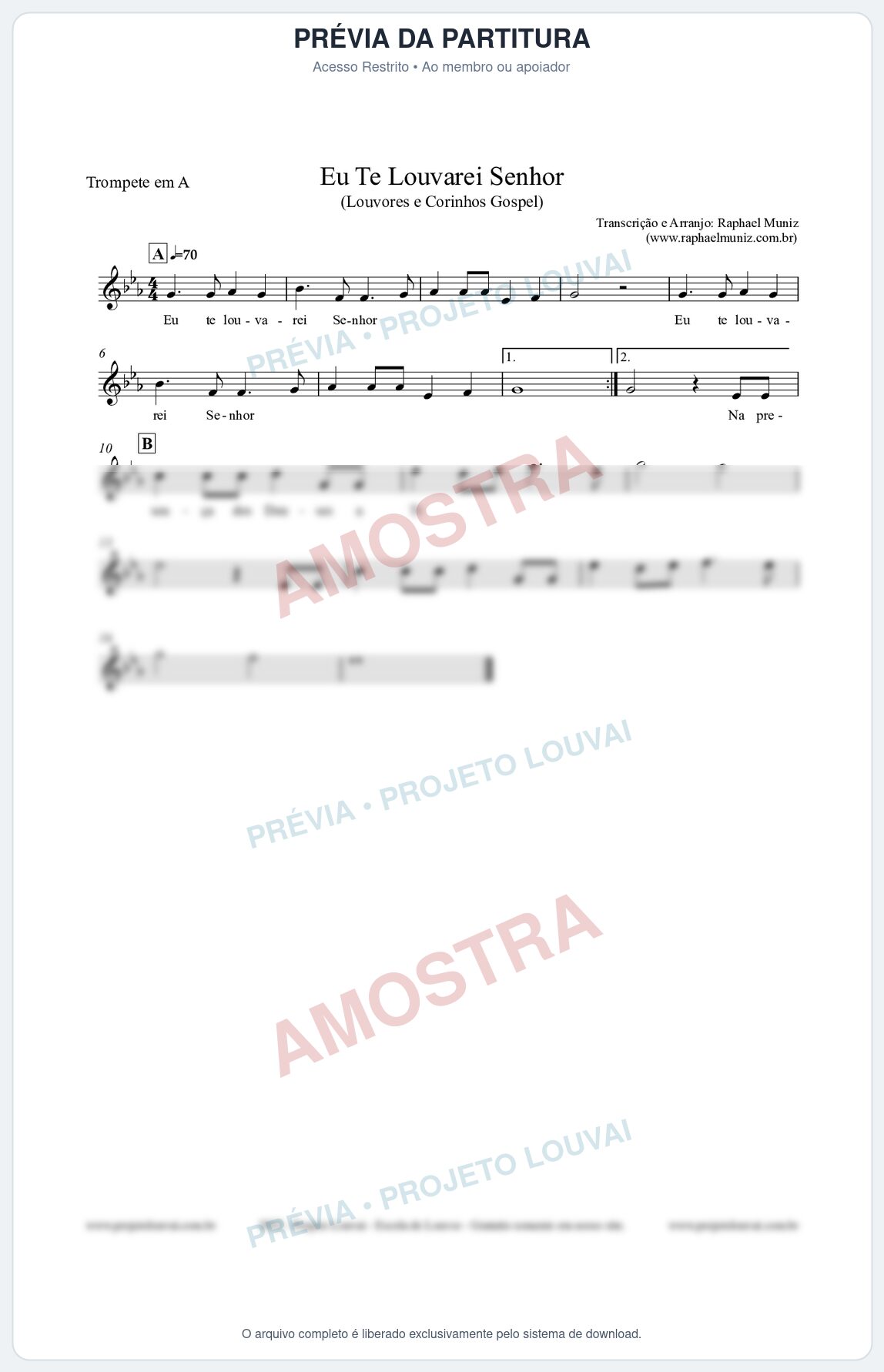 Prévia protegida da primeira página da partitura Partitura para Trompete em A - Eu Te Louvarei Senhor - Louvores e Corinhos Gospel