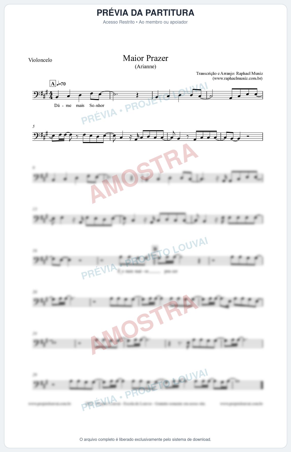 Prévia protegida da primeira página da partitura Partitura para Violoncelo - Maior Prazer - Arianne