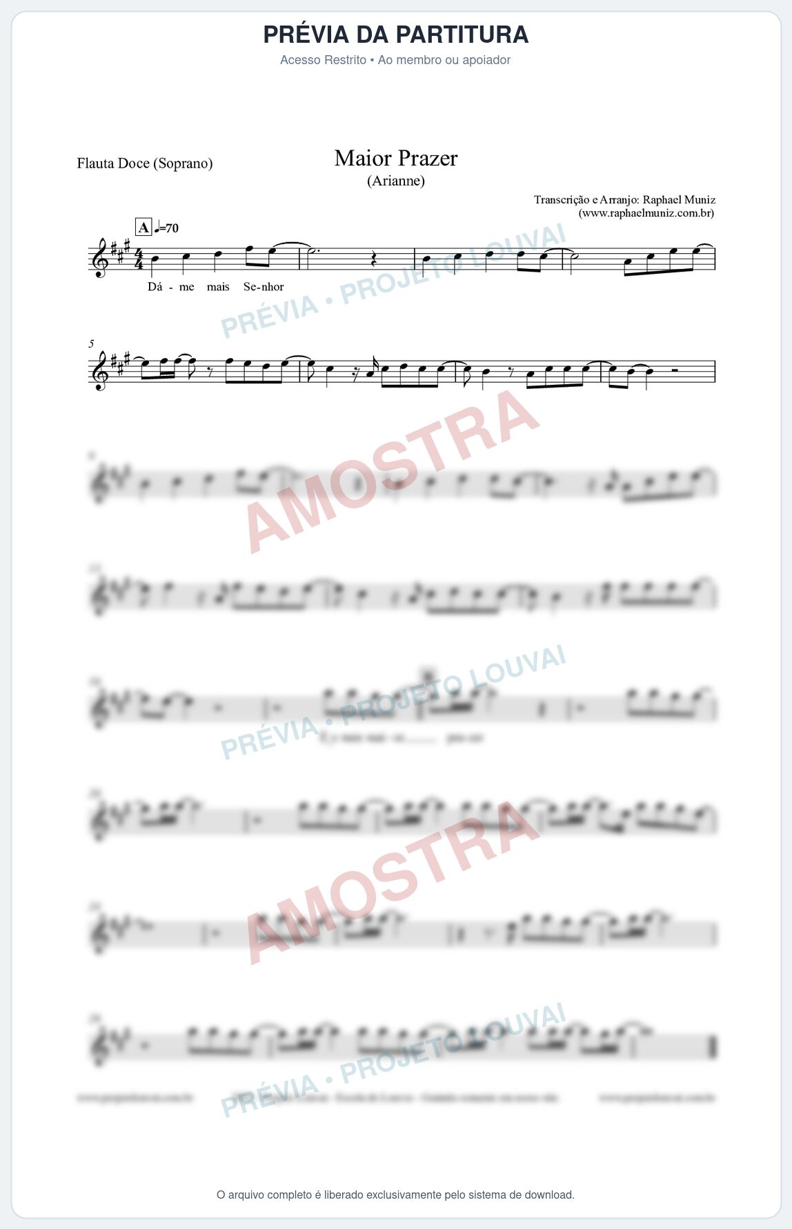 Prévia protegida da primeira página da partitura Partitura para Flauta Doce (Soprano) - Maior Prazer - Arianne