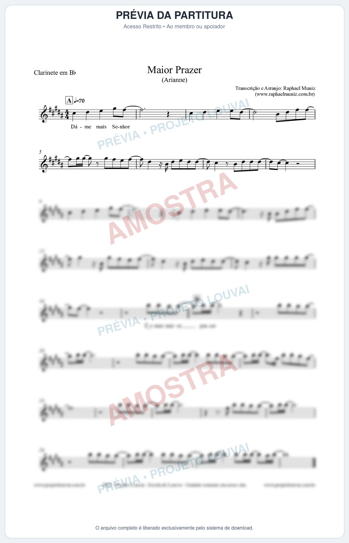Prévia protegida da primeira página da partitura Partitura para Clarinete em Bb - Maior Prazer - Arianne