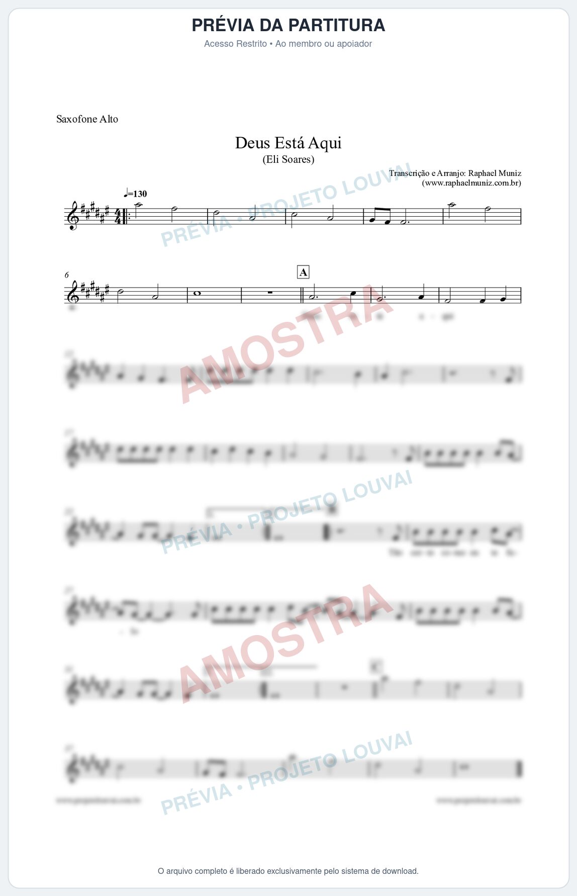 Prévia protegida da primeira página da partitura Partitura para Sax Alto - Deus Está Aqui - Eli Soares