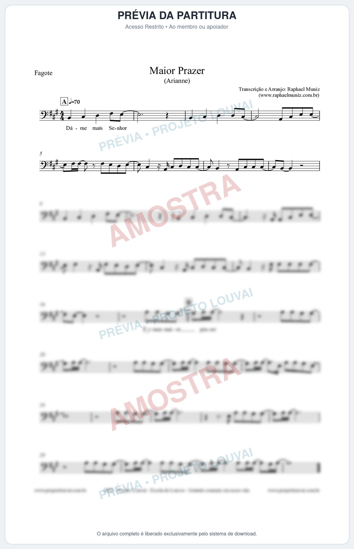 Prévia protegida da primeira página da partitura Partitura para Fagote - Maior Prazer - Arianne