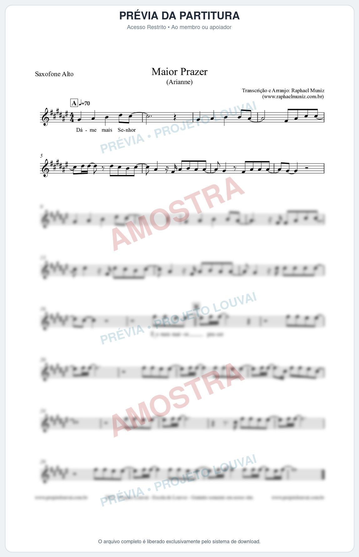 Prévia protegida da primeira página da partitura Partitura para Saxofone Alto - Maior Prazer - Arianne