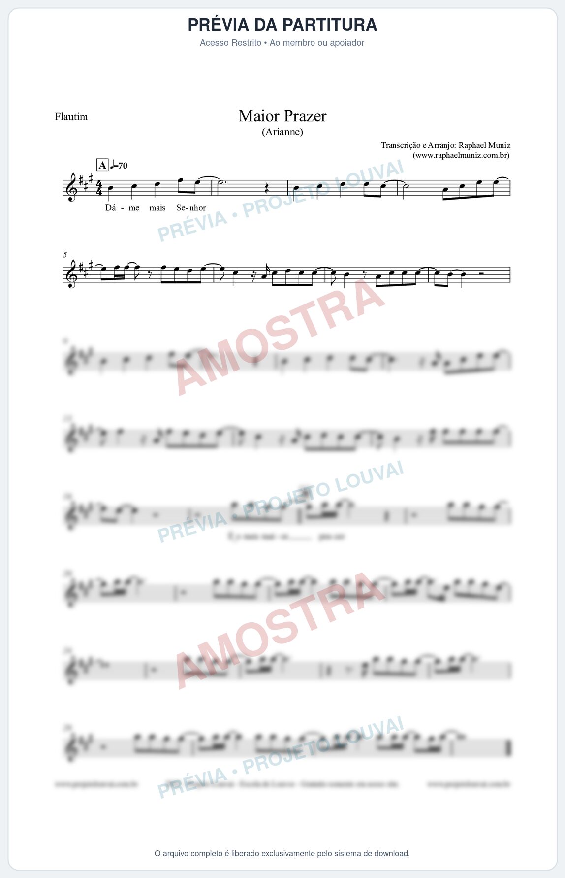 Prévia protegida da primeira página da partitura Partitura para Flautim - Maior Prazer - Arianne