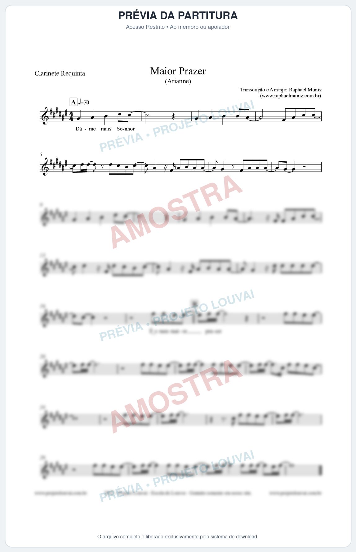Prévia protegida da primeira página da partitura Partitura para Clarinete Requinta - Maior Prazer - Arianne