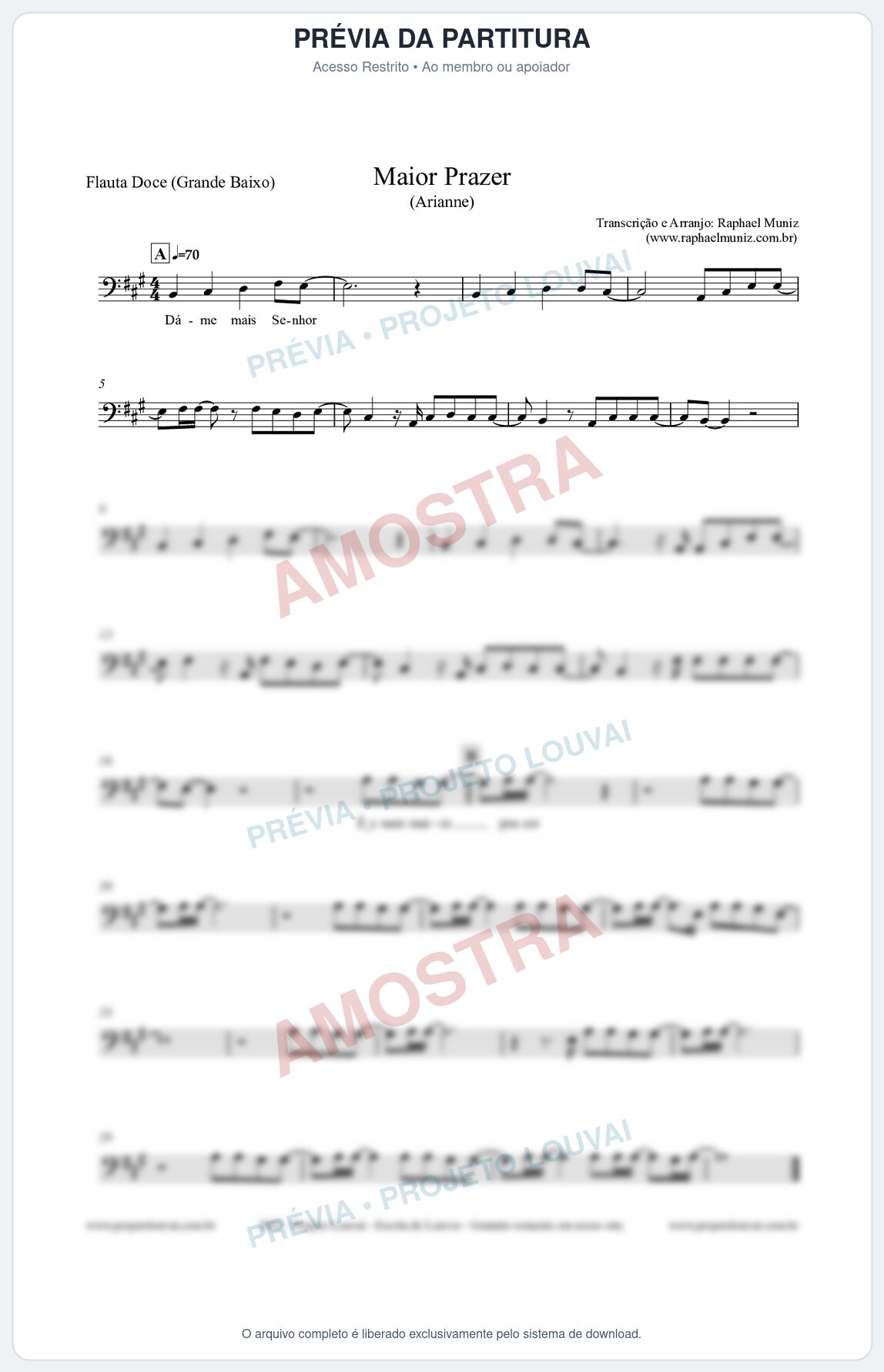 Prévia protegida da primeira página da partitura Partitura para Flauta Doce (Grande Baixo) - Maior Prazer - Arianne