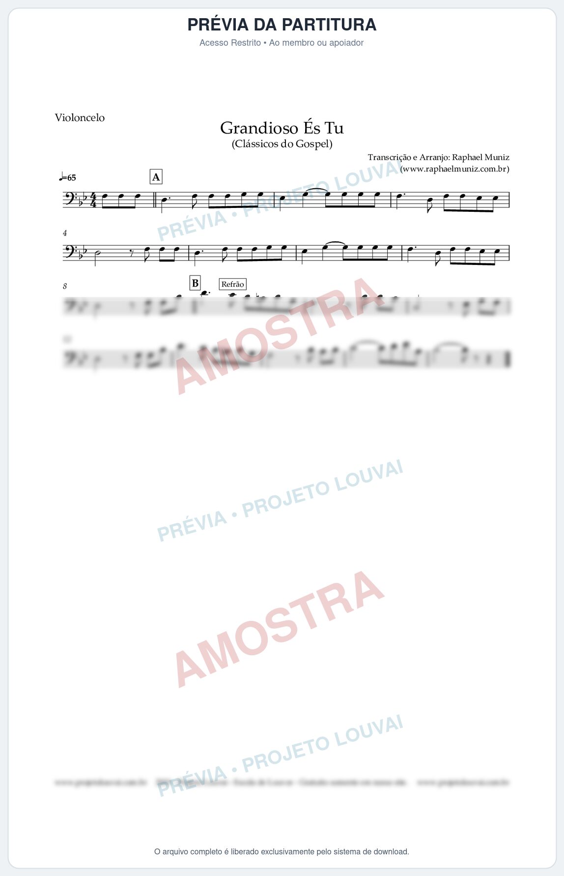 Prévia protegida da primeira página da partitura Partitura para Violoncelo - Grandiosos És Tu - Harpa Cristã nº 526 - Clássicos do Gospel