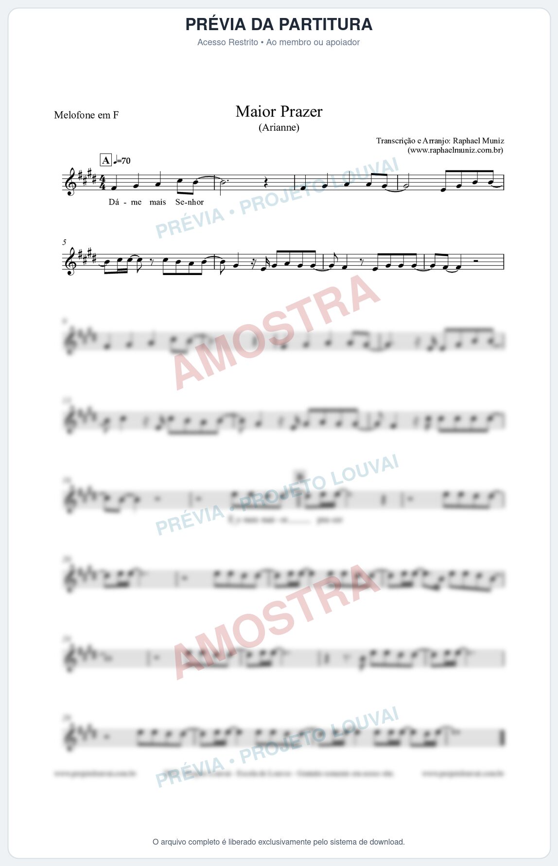 Prévia protegida da primeira página da partitura Partitura para Melofone em F - Maior Prazer - Arianne