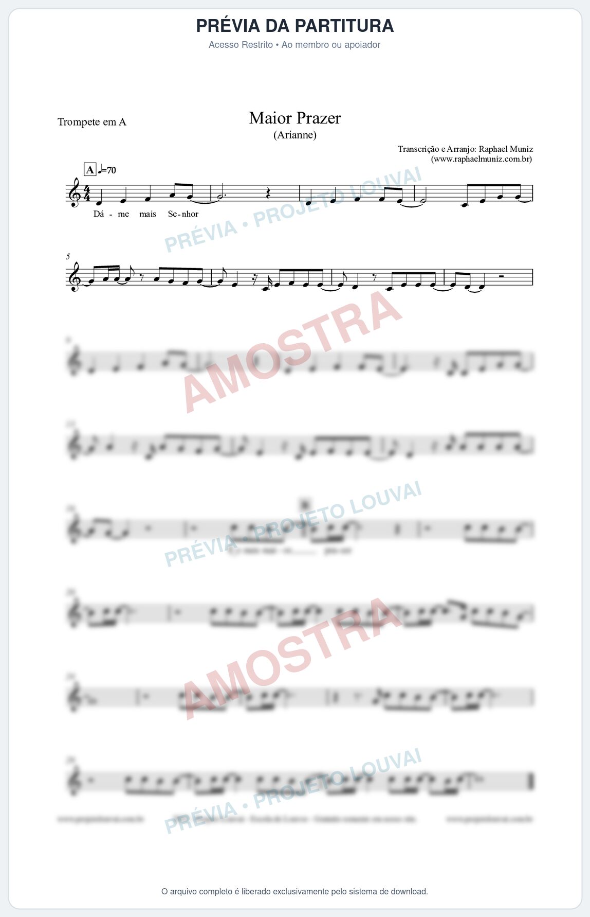 Prévia protegida da primeira página da partitura Partitura para Trompete em A - Maior Prazer - Arianne