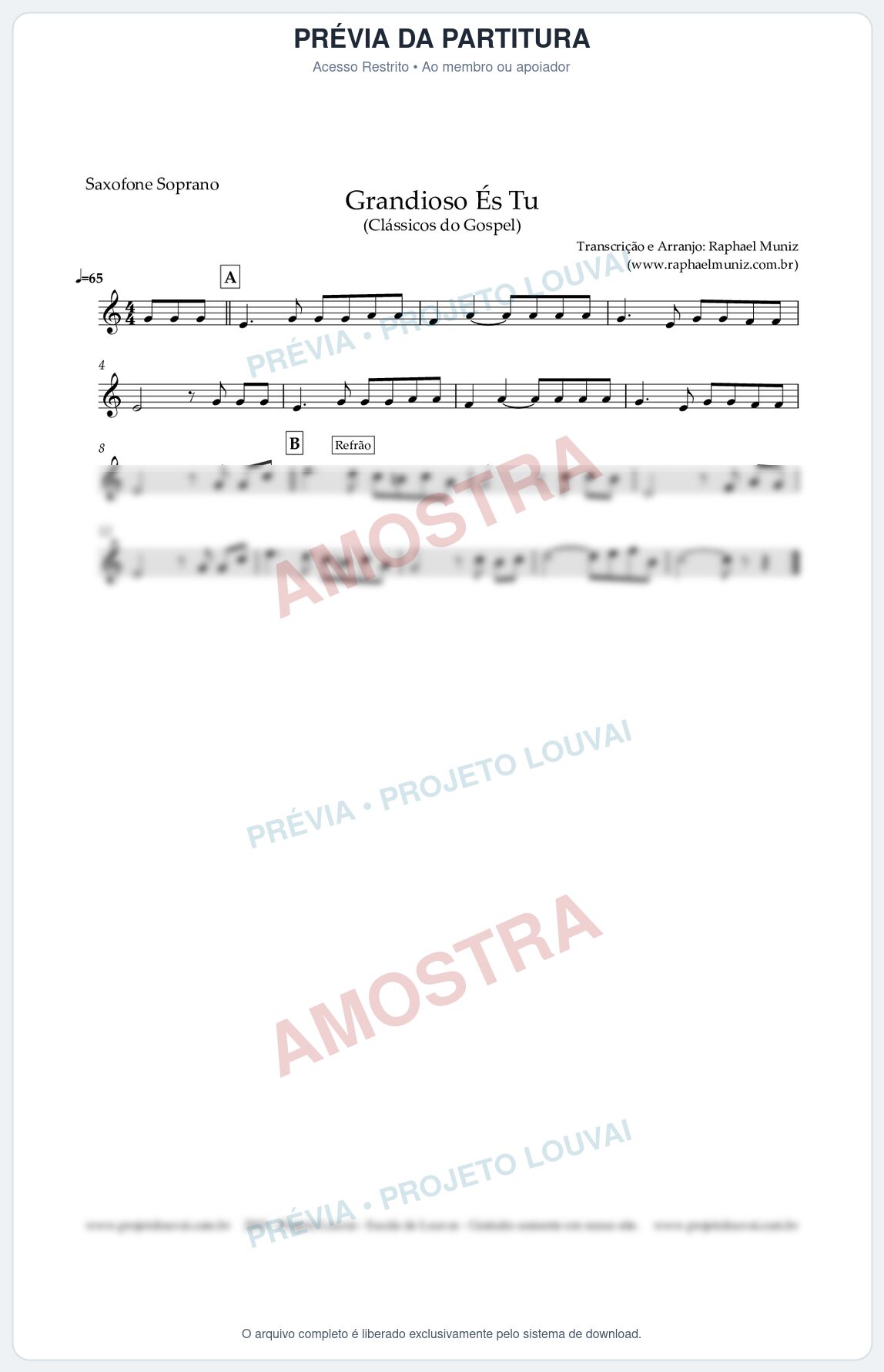 Prévia protegida da primeira página da partitura Partitura para Sax Soprano - Grandiosos És Tu - Harpa Cristã nº 526 - Clássicos do Gospel