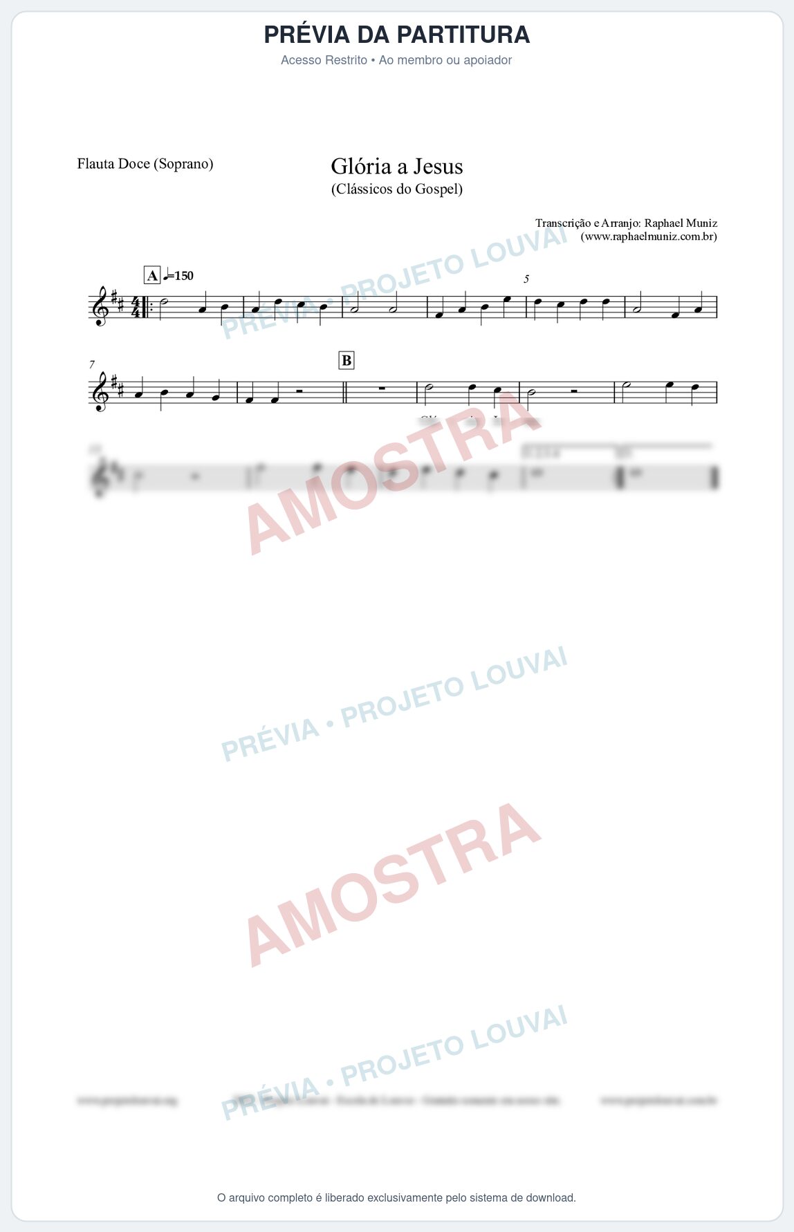 Prévia protegida da primeira página da partitura Partitura para Flauta Doce (Soprano) - Glória a Jesus - Harpa Cristã nº23 - Clássicos do Gospel