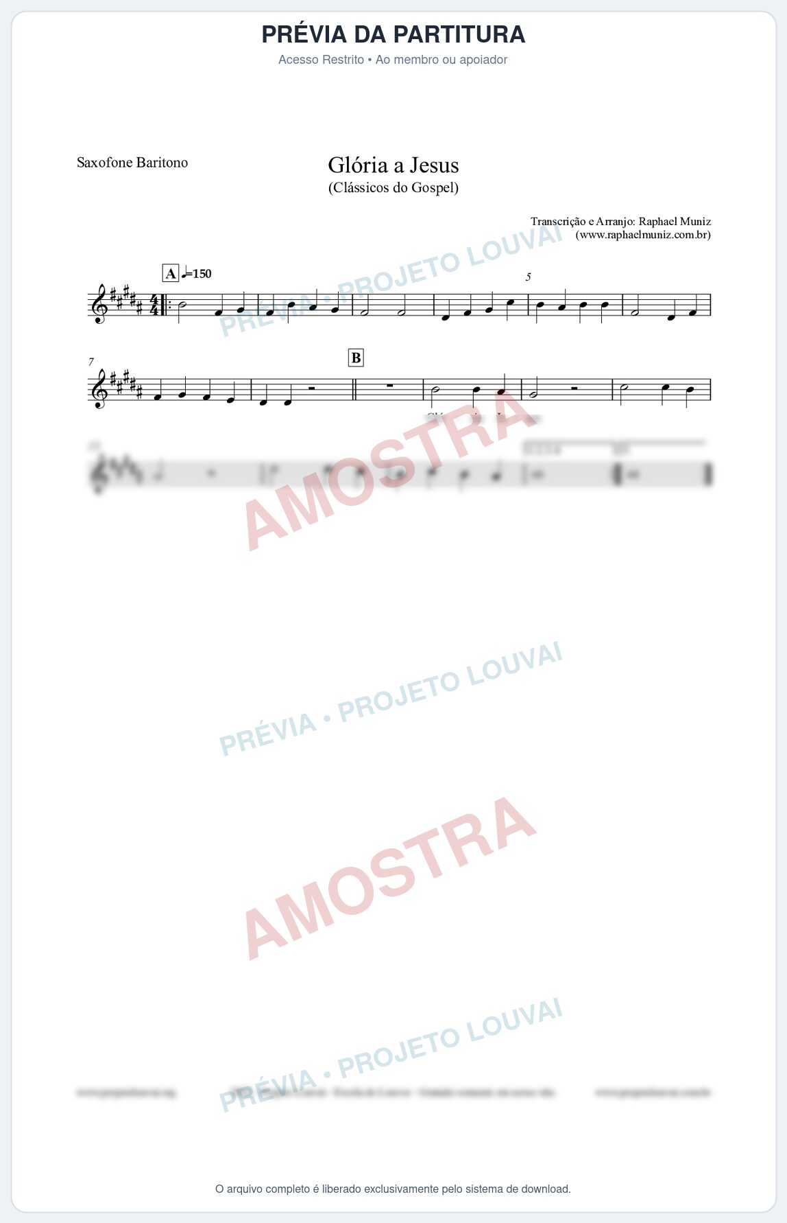 Prévia protegida da primeira página da partitura Partitura para Saxofone Barítono - Glória a Jesus - Harpa Cristã nº23 - Clássicos do Gospel