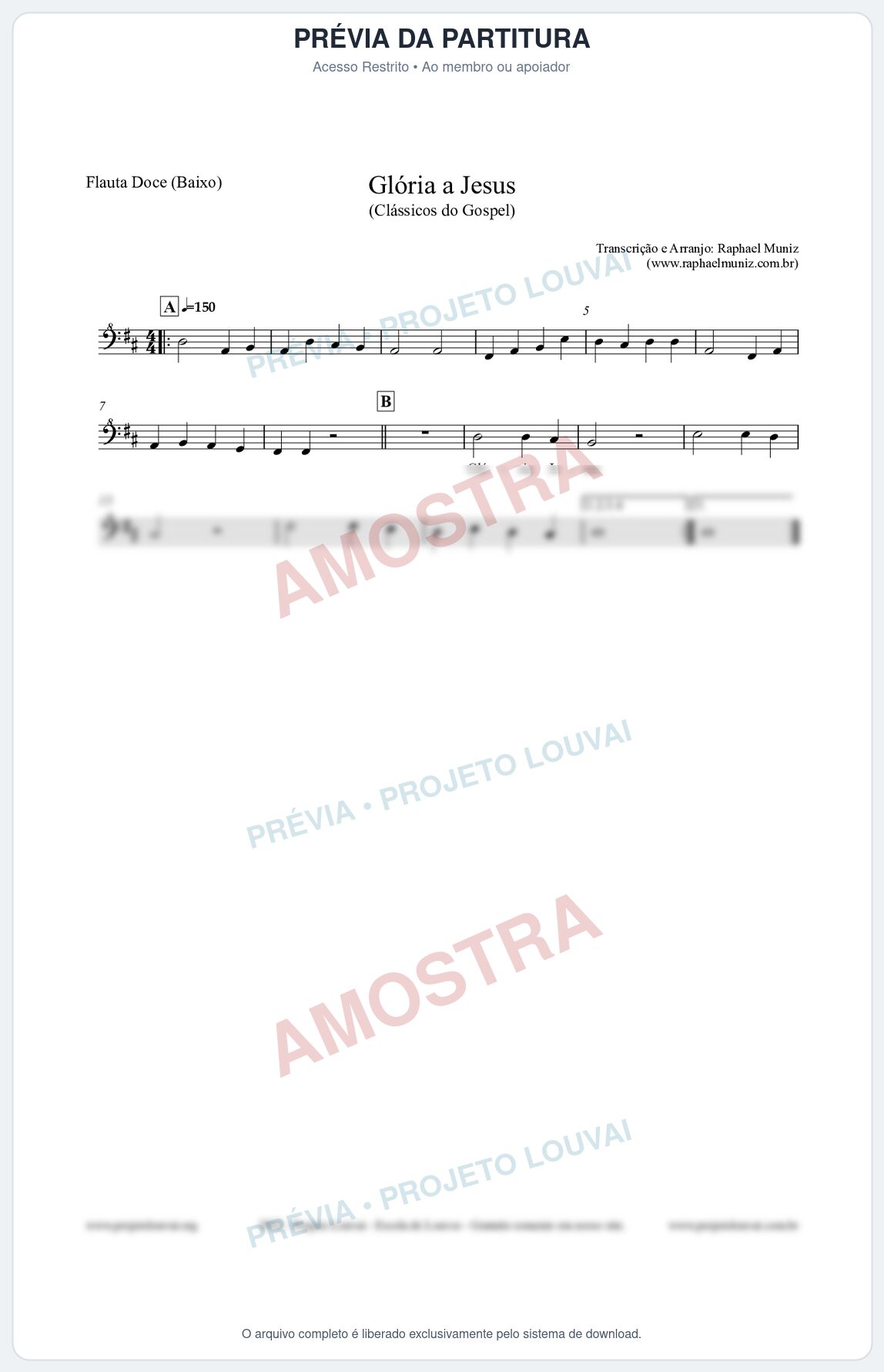 Prévia protegida da primeira página da partitura Partitura para Flauta Doce (Baixo) - Glória a Jesus - Harpa Cristã nº23 - Clássicos do Gospel