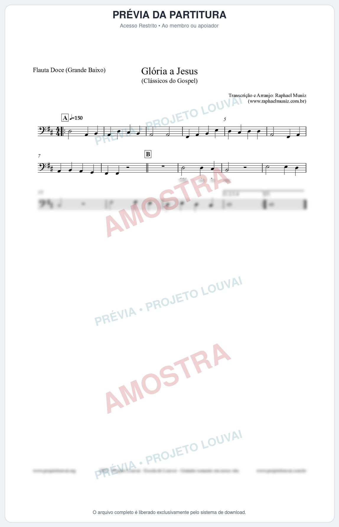 Prévia protegida da primeira página da partitura Partitura para Flauta Doce (Grande Baixo) - Glória a Jesus - Harpa Cristã nº23 - Clássicos do Gospel
