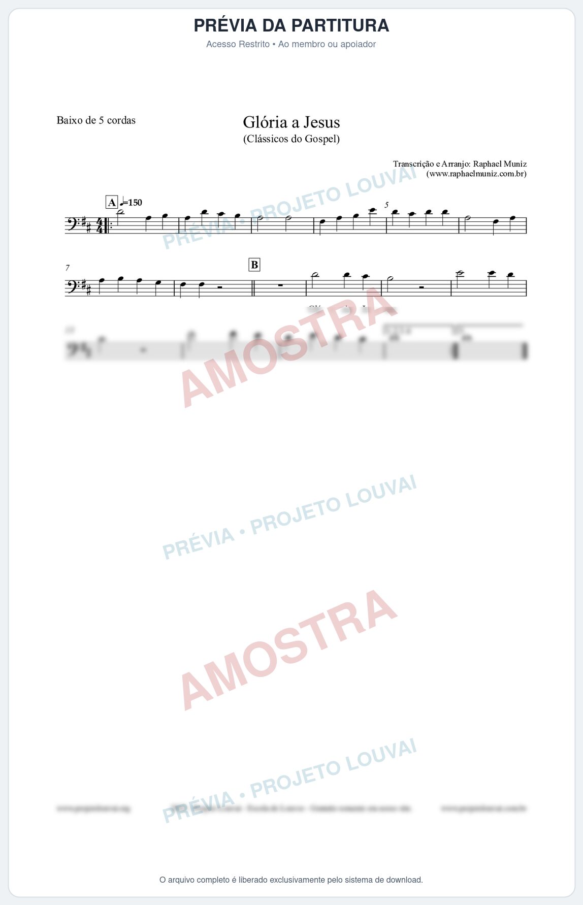 Prévia protegida da primeira página da partitura Partitura para Baixo de 5 cordas - Glória a Jesus - Harpa Cristã nº23 - Clássicos do Gospel