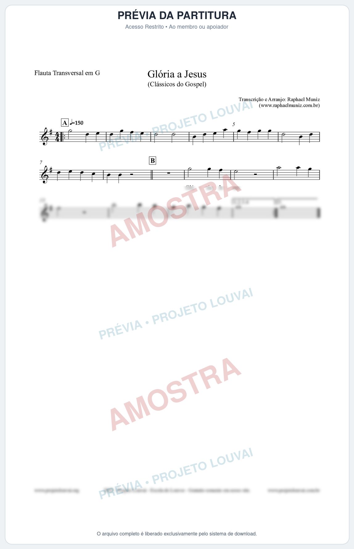 Prévia protegida da primeira página da partitura Partitura para Flauta Transversal em G - Glória a Jesus - Harpa Cristã nº23 - Clássicos do Gospel