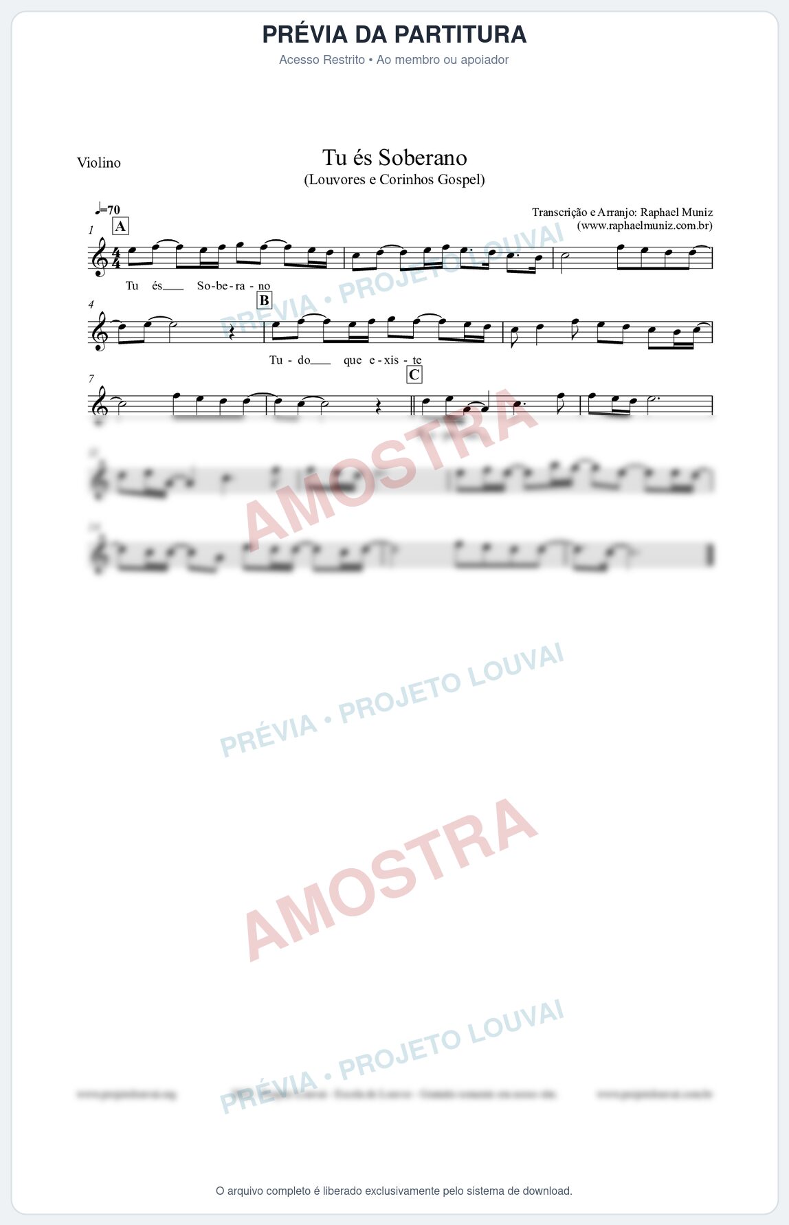 Prévia protegida da primeira página da partitura Partitura para Violino - Tu és Soberano - Louvores e Corinhos Gospel