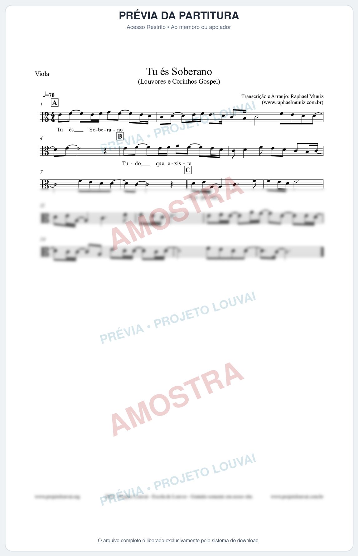 Prévia protegida da primeira página da partitura Partitura para Viola - Tu és Soberano - Louvores e Corinhos Gospel