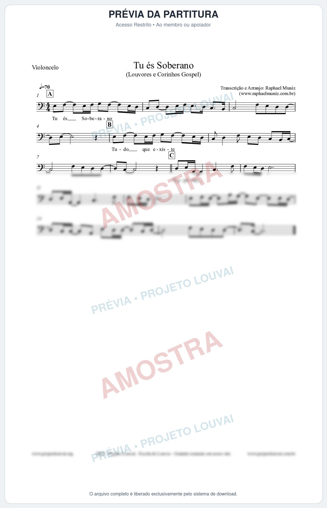 Prévia protegida da primeira página da partitura Partitura para Violoncelo - Tu és Soberano - Louvores e Corinhos Gospel