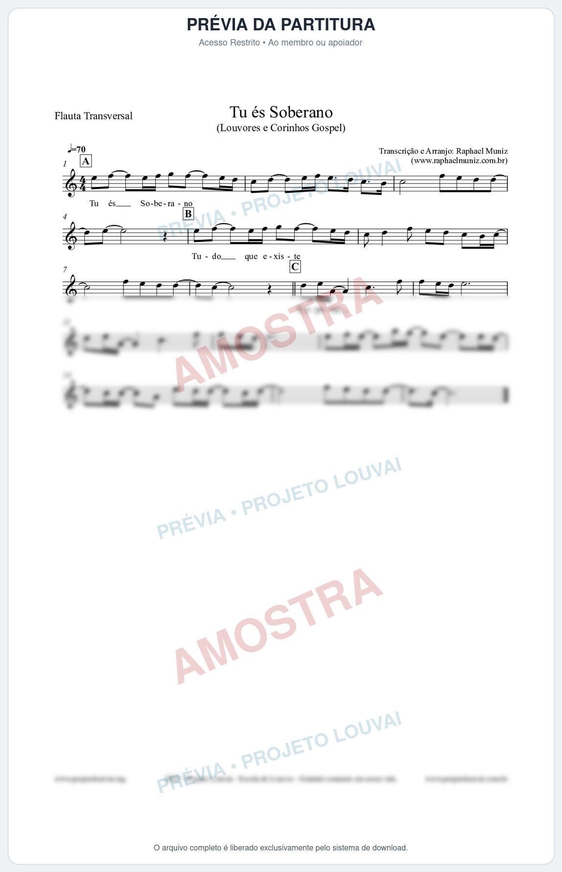 Prévia protegida da primeira página da partitura Partitura para Flauta Transversal - Tu és Soberano - Louvores e Corinhos Gospel
