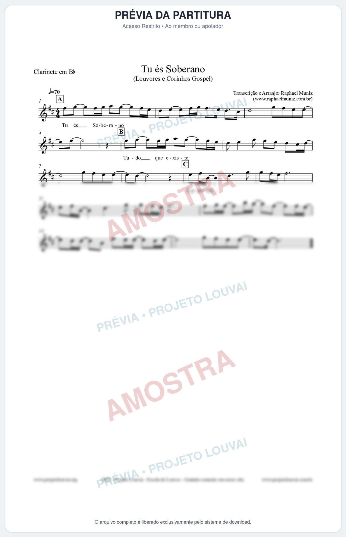 Prévia protegida da primeira página da partitura Partitura para Clarinete em Bb - Tu és Soberano - Louvores e Corinhos Gospel