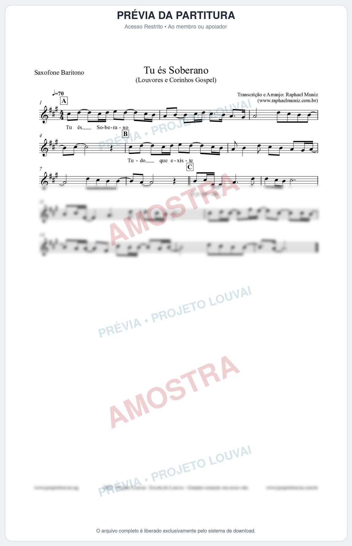 Prévia protegida da primeira página da partitura Partitura para Saxofone Barítono - Tu és Soberano - Louvores e Corinhos Gospel