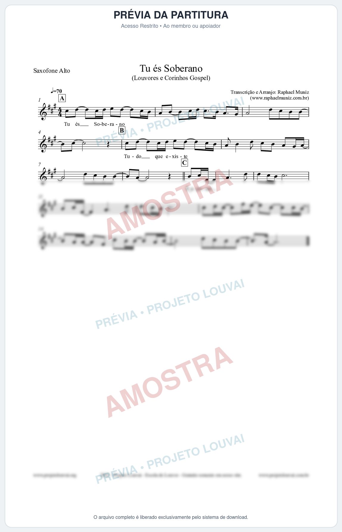 Prévia protegida da primeira página da partitura Partitura para Saxofone Alto - Tu és Soberano - Louvores e Corinhos Gospel