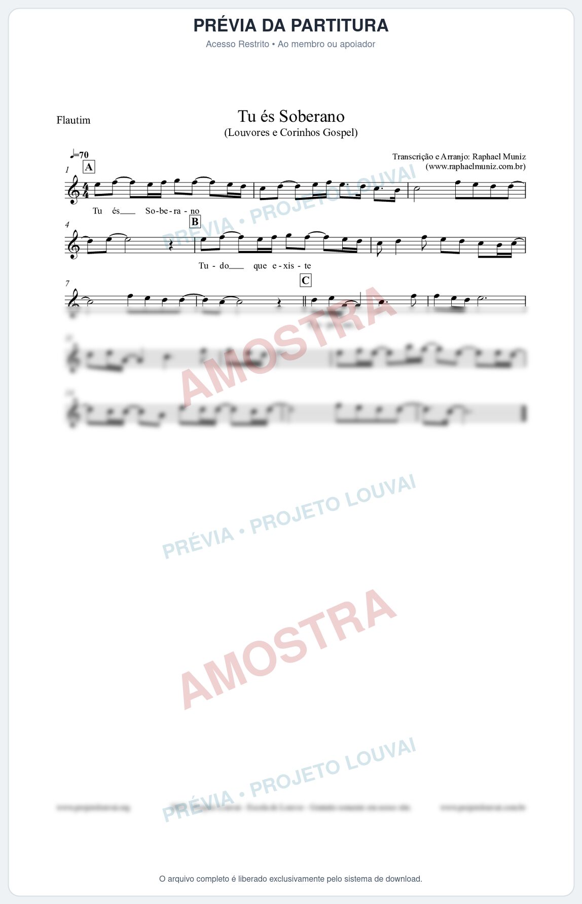 Prévia protegida da primeira página da partitura Partitura para Flautim - Tu és Soberano - Louvores e Corinhos Gospel
