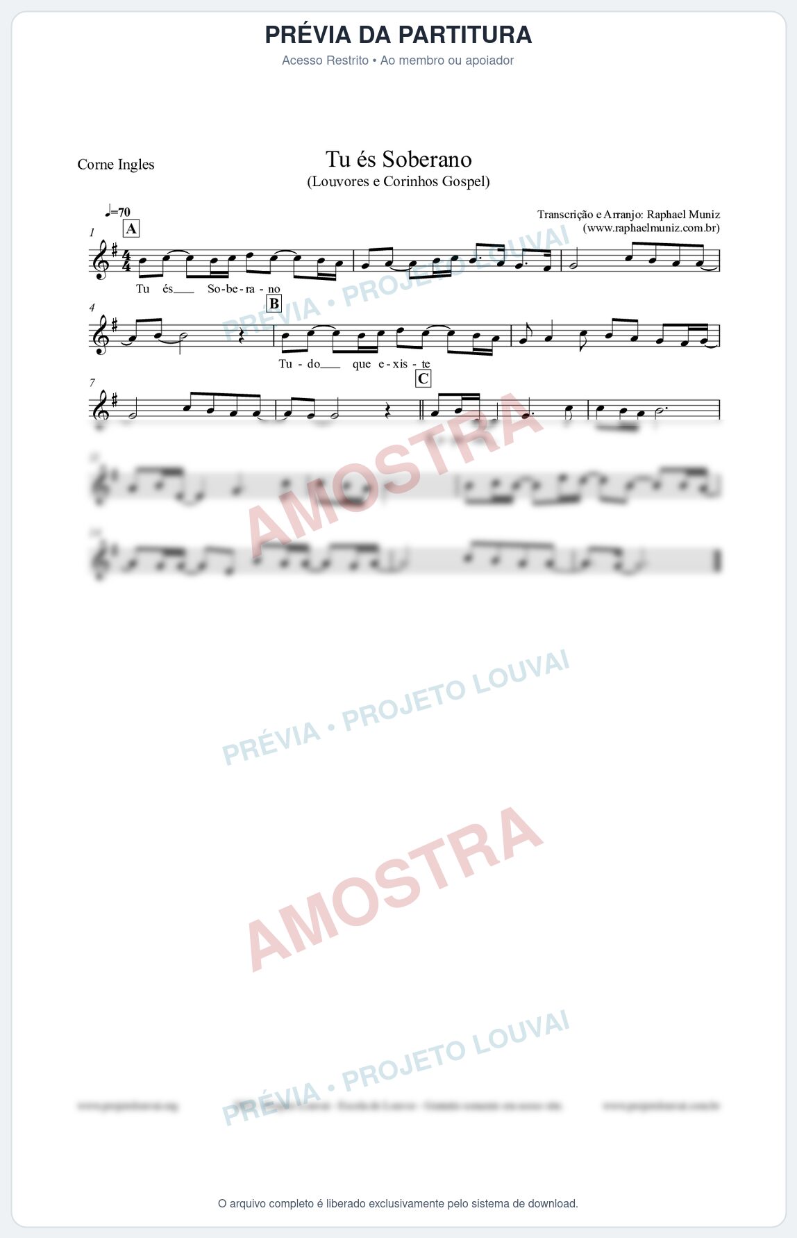 Prévia protegida da primeira página da partitura Partitura para Corne Inglês - Tu és Soberano - Louvores e Corinhos Gospel
