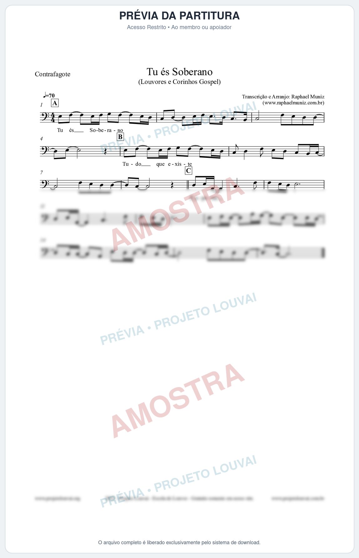 Prévia protegida da primeira página da partitura Partitura para Contrafagote - Tu és Soberano - Louvores e Corinhos Gospel