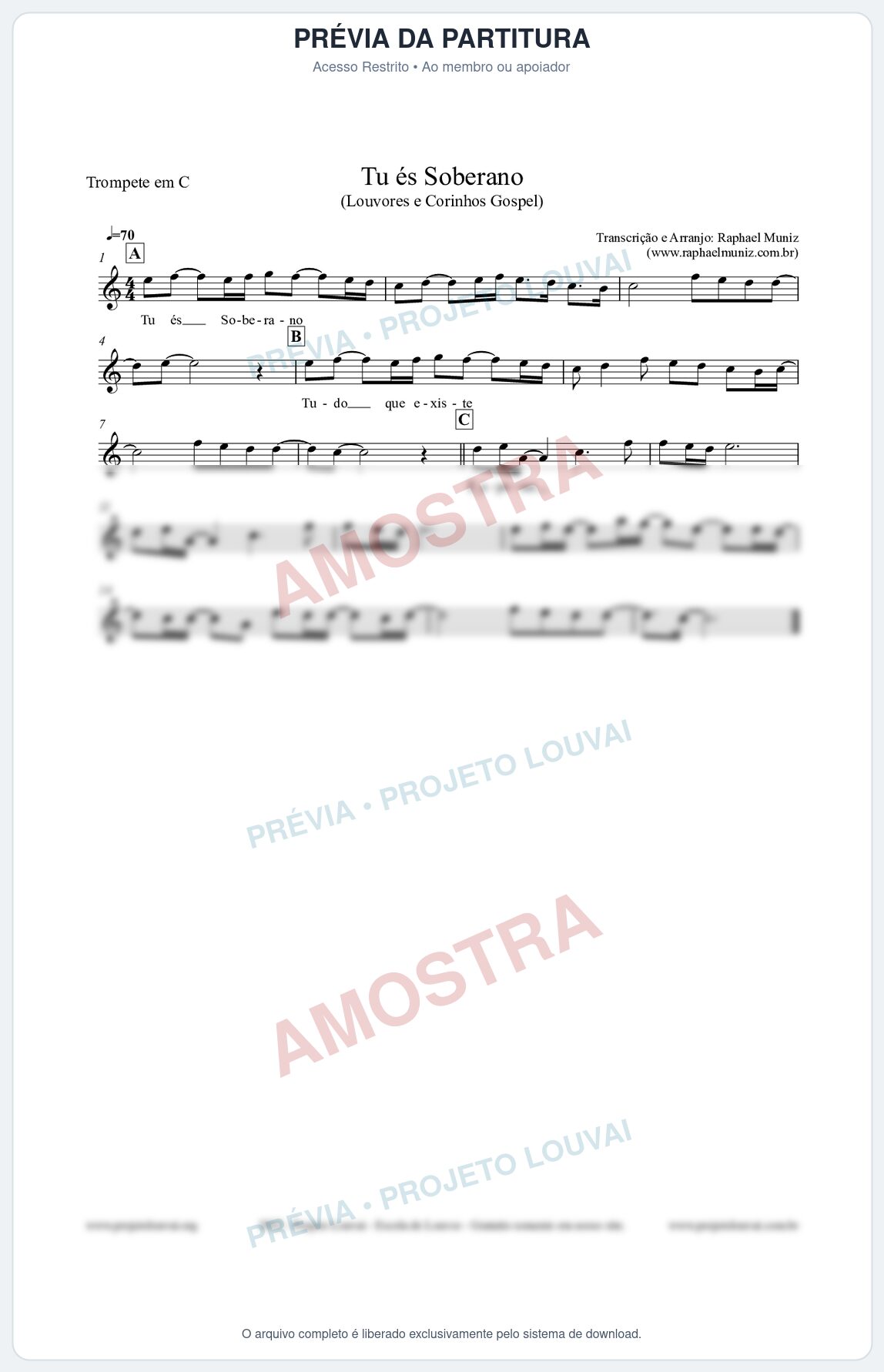 Prévia protegida da primeira página da partitura Partitura para Trompete em C - Tu és Soberano - Louvores e Corinhos Gospel