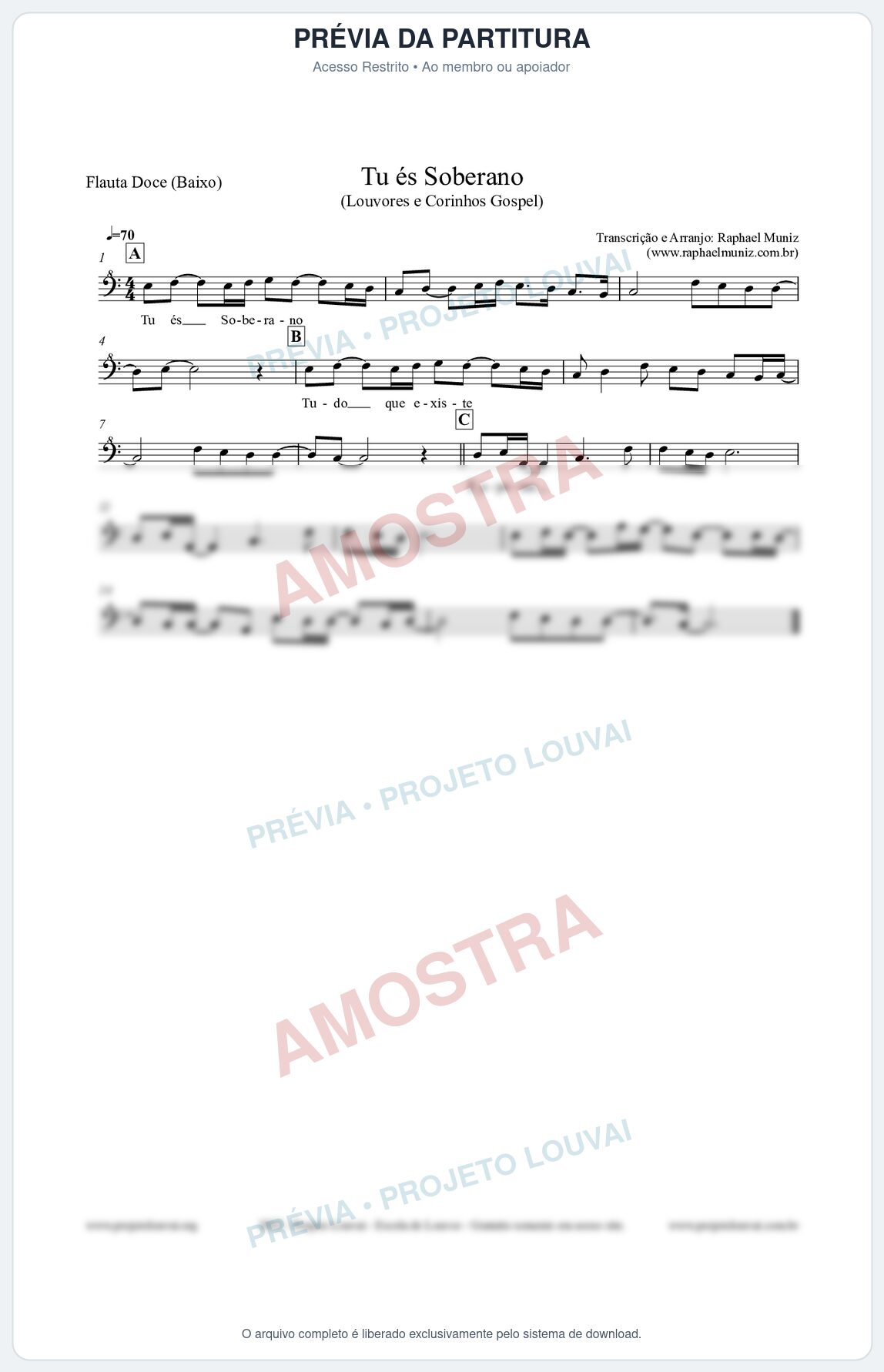 Prévia protegida da primeira página da partitura Partitura para Flauta Doce (Baixo) - Tu és Soberano - Louvores e Corinhos Gospel