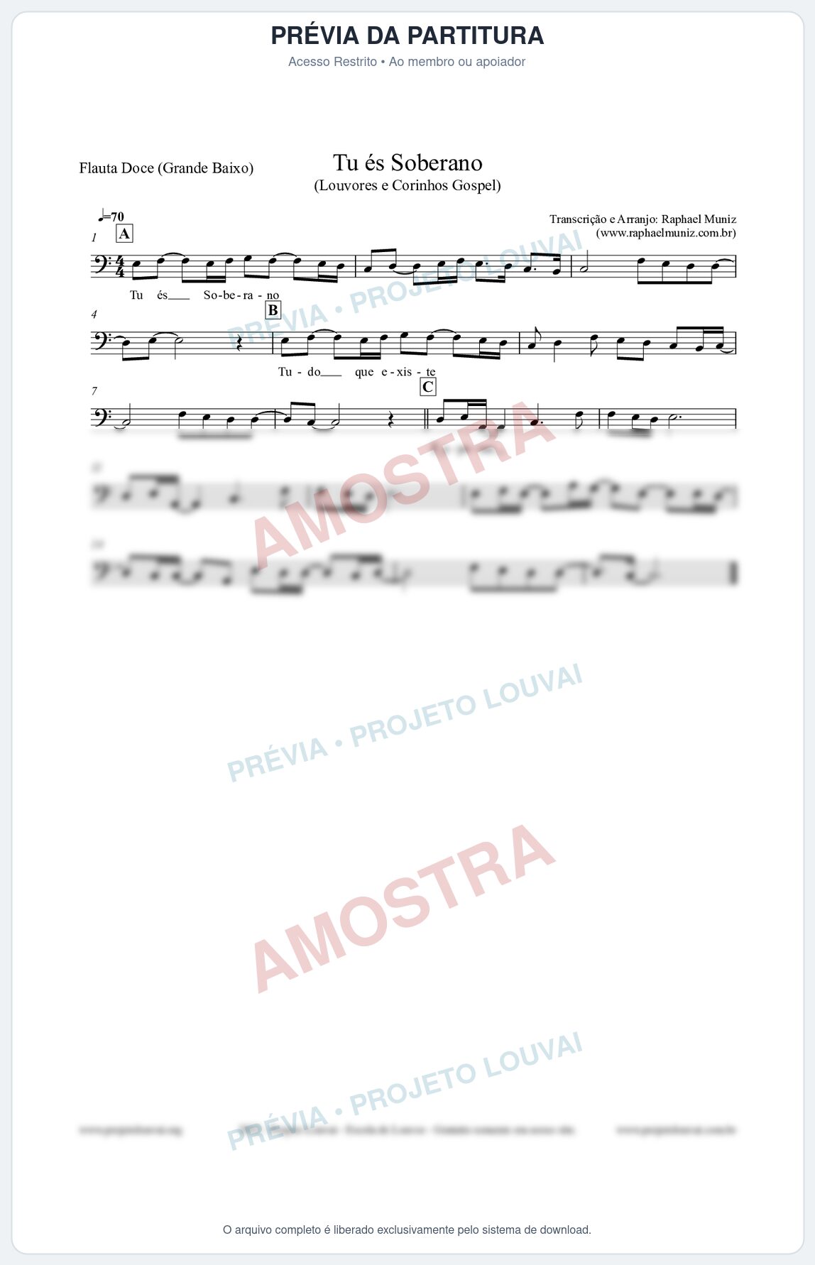 Prévia protegida da primeira página da partitura Partitura para Flauta Doce (Grande Baixo) - Tu és Soberano - Louvores e Corinhos Gospel
