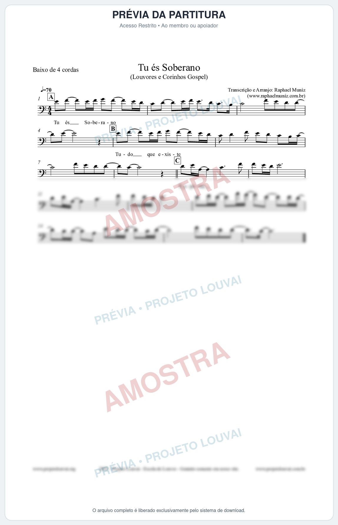 Prévia protegida da primeira página da partitura Partitura para Baixo de 4 cordas - Tu és Soberano - Louvores e Corinhos Gospel