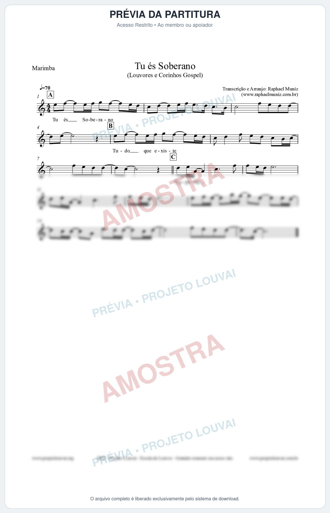 Prévia protegida da primeira página da partitura Partitura para Marimba - Tu és Soberano - Louvores e Corinhos Gospel