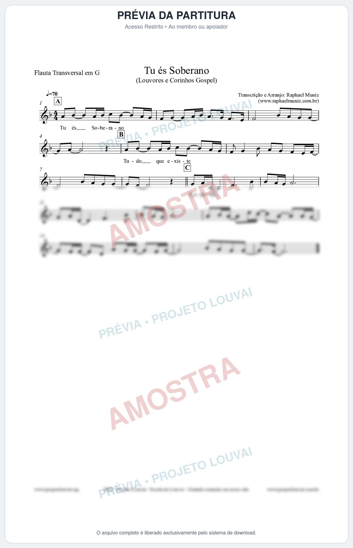 Prévia protegida da primeira página da partitura Partitura para Flauta Transversal em G - Tu és Soberano - Louvores e Corinhos Gospel