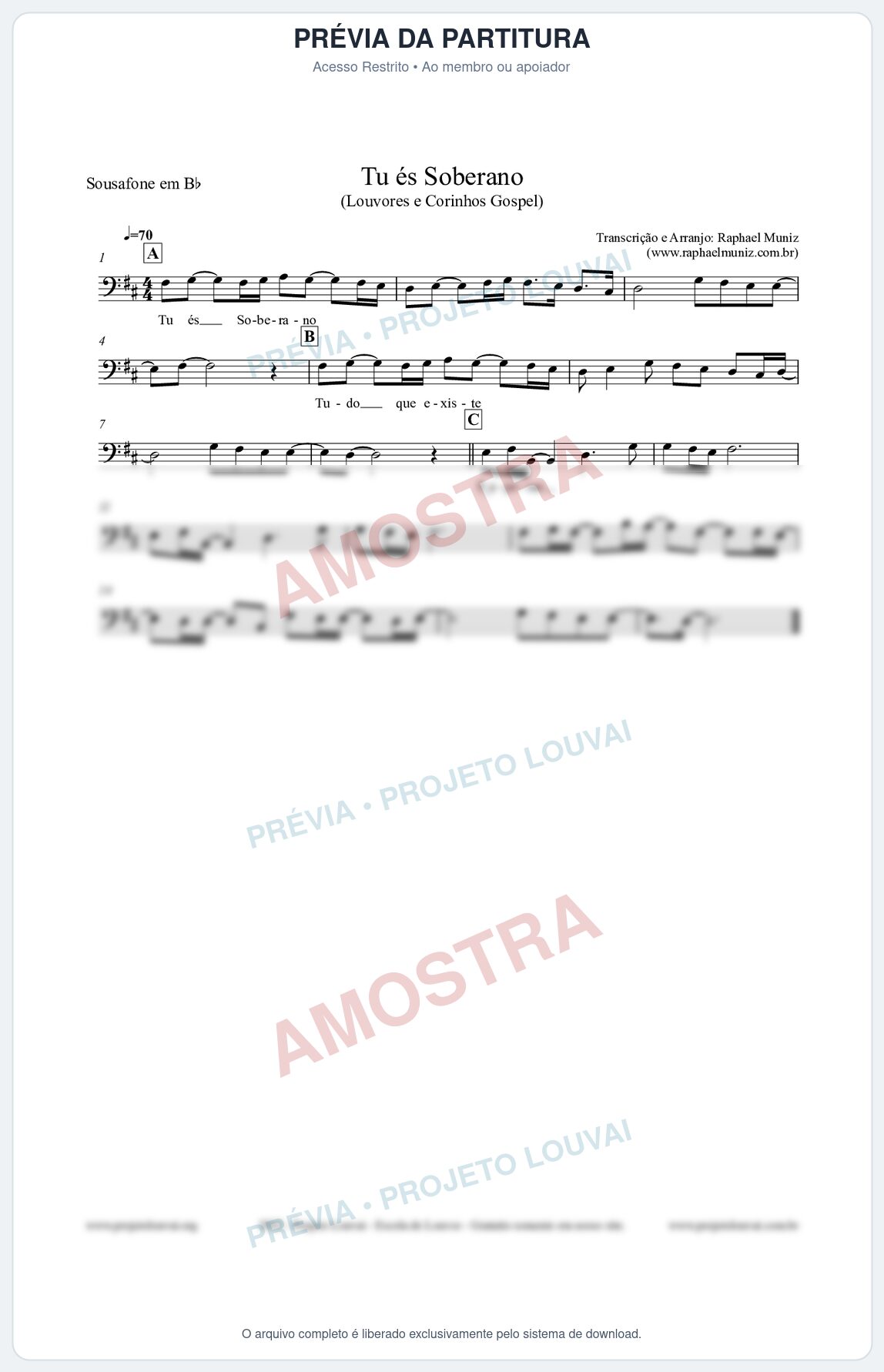 Prévia protegida da primeira página da partitura Partitura para Sousafone em Bb - Tu és Soberano - Louvores e Corinhos Gospel