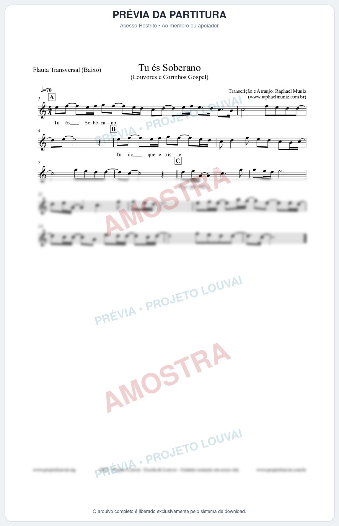 Prévia protegida da primeira página da partitura Partitura para Flauta Transversal (Baixo) - Tu és Soberano - Louvores e Corinhos Gospel