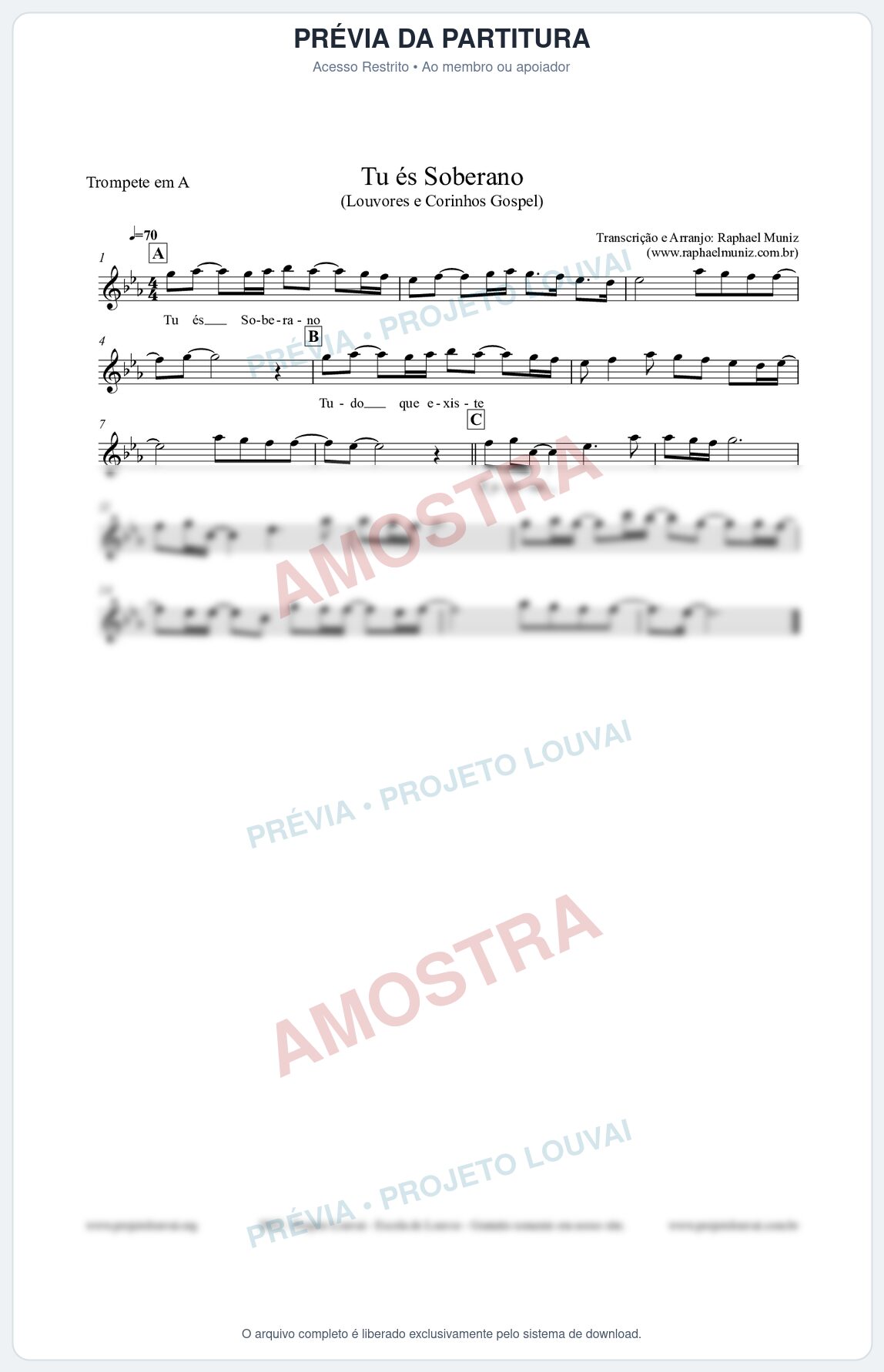 Prévia protegida da primeira página da partitura Partitura para Trompete em A - Tu és Soberano - Louvores e Corinhos Gospel