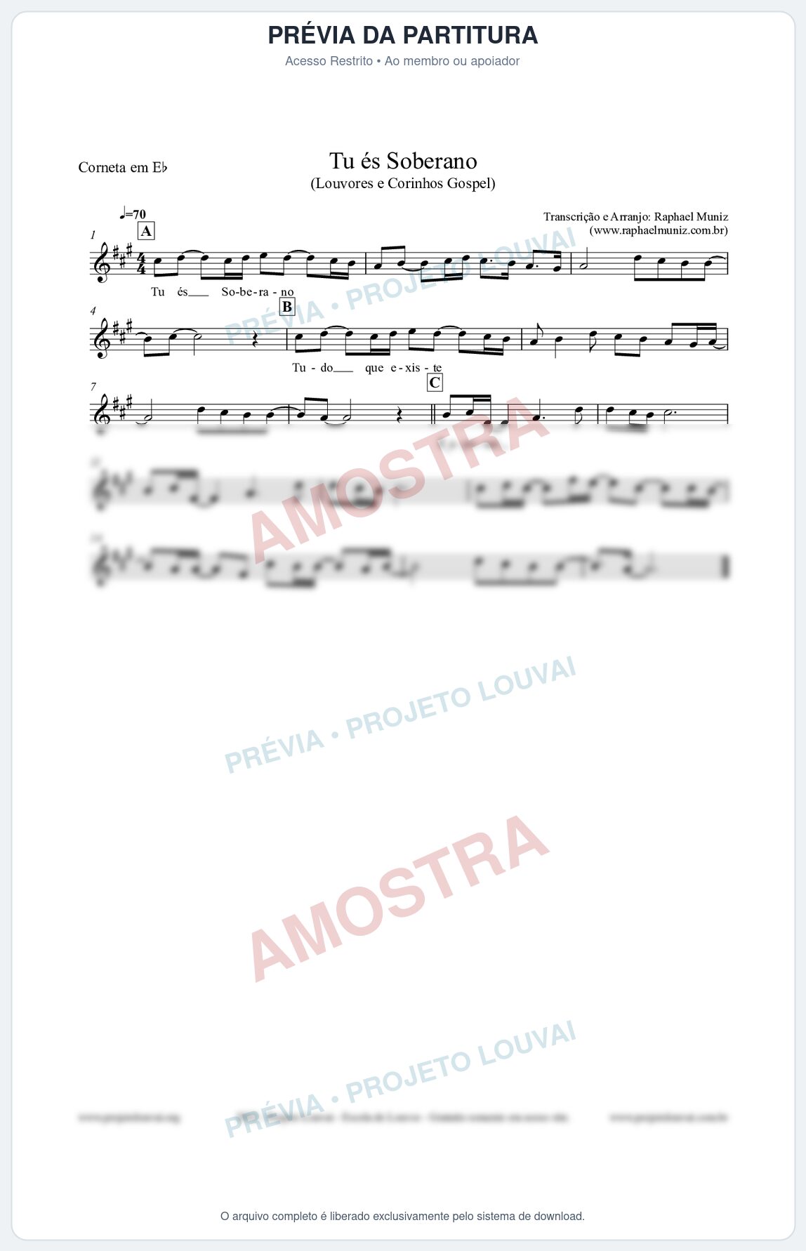 Prévia protegida da primeira página da partitura Partitura para Corneta em Eb - Tu és Soberano - Louvores e Corinhos Gospel