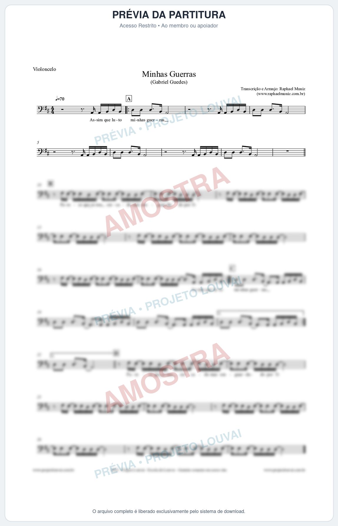 Prévia protegida da primeira página da partitura Partitura para Violoncelo - Minhas Guerras - Gabriel Guedes